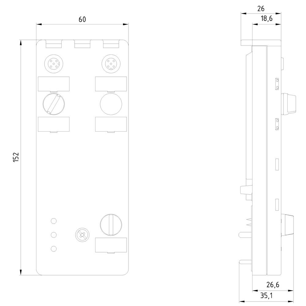 Rysunek techniczny prostokątnego mechanizmu zamykającego o wymiarach: 152 mm x 60 mm z przodu, 26 mm głębokości z boku.