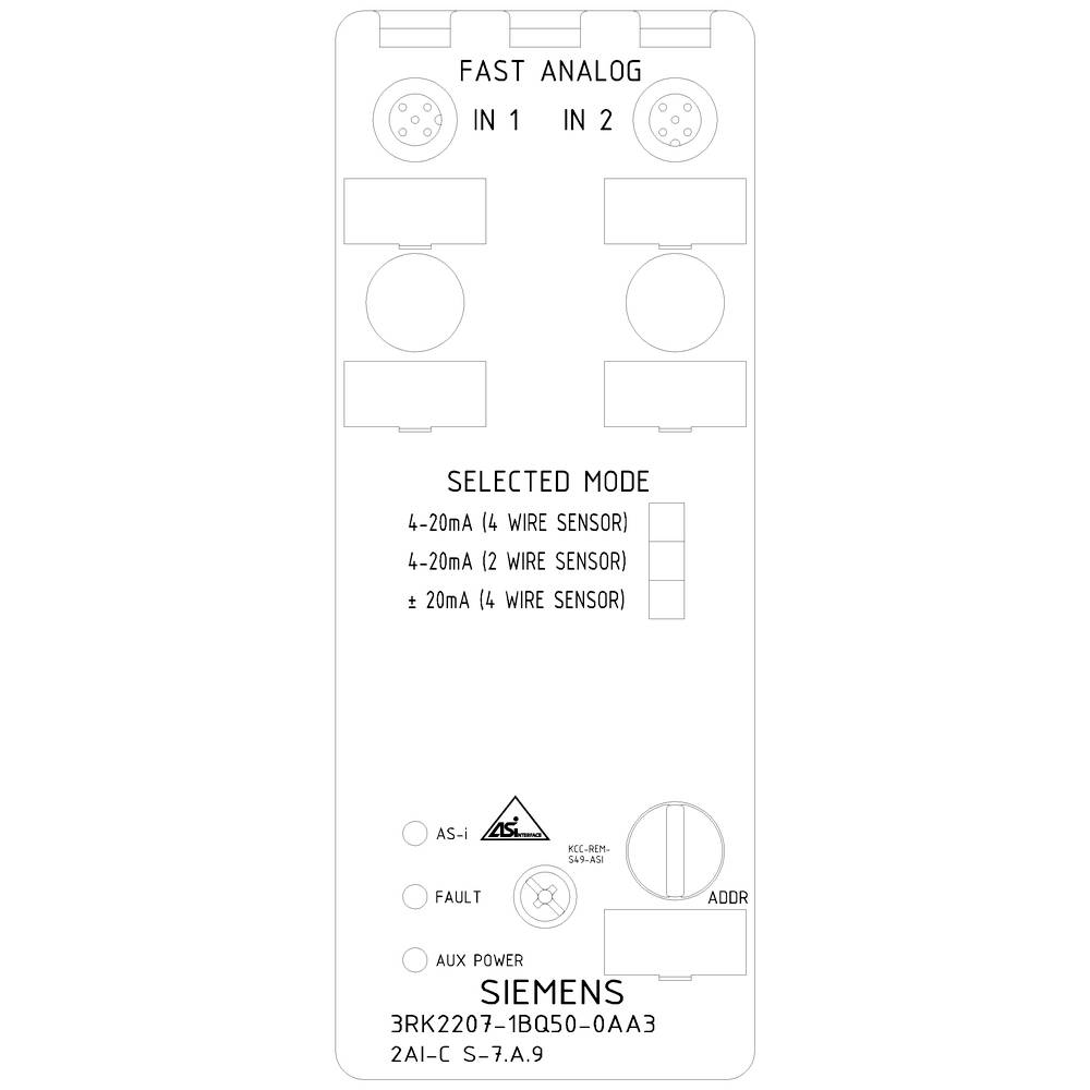 'Panel urządzenia Siemens z wyświetlaczem Fast-Analog, zaznaczonym trybem Sensory oraz statusem sterowania. Model 3RK2207-1BQ50-0AA3.'