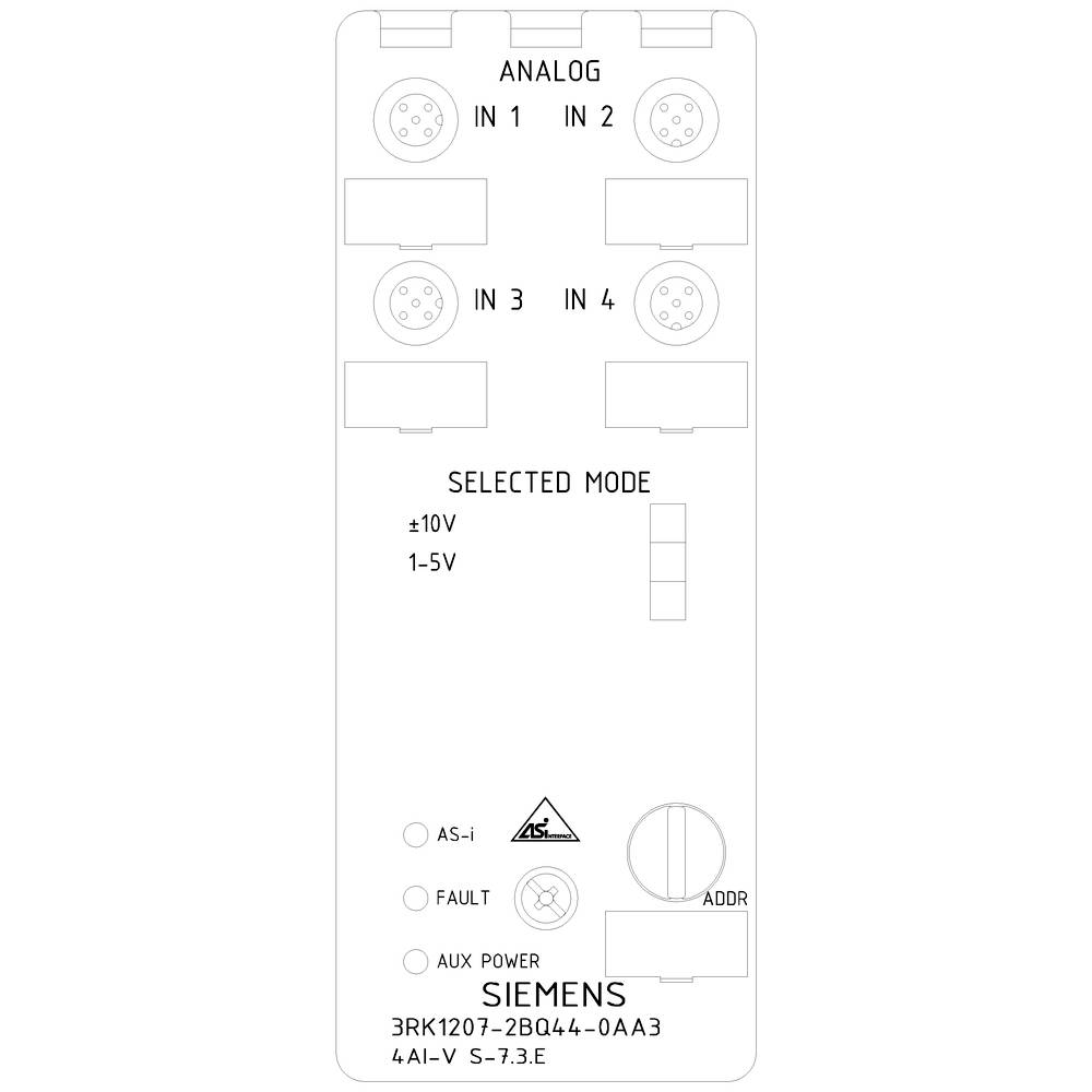 Moduł 'Siemens' dla wejść analogowych, pokazujący przyłącza IN 1 do IN 4, z wybranym trybem ±10V lub 1-5V. Wskaźniki LED dla AS-i i błędów.