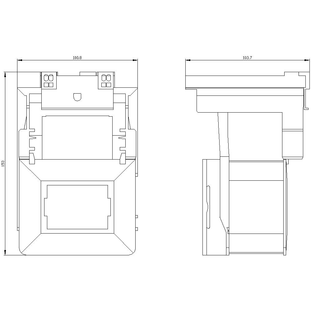 Rysunek techniczny urządzenia z widokiem z przodu i z boku. Wymiary wynoszą 103,8 mm szerokości, 150 mm wysokości w widoku z przodu; 103,7 mm w widoku z boku.
