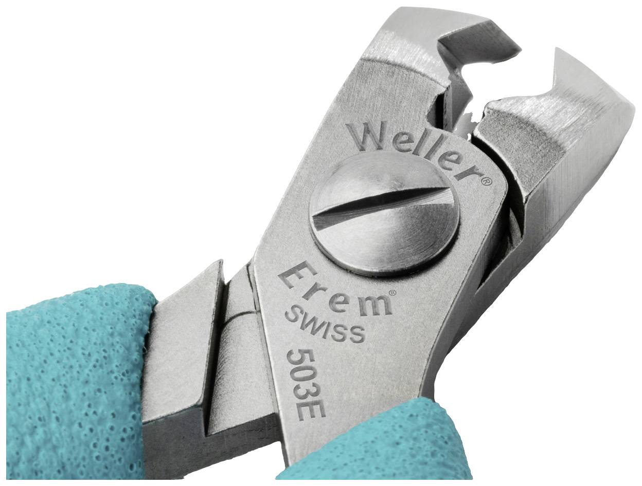 Zbliżenie szczypiec bocznych Erem z turkusowymi uchwytami i grawerem 'Weller Erem SWISS 503E' na metalowej powierzchni.