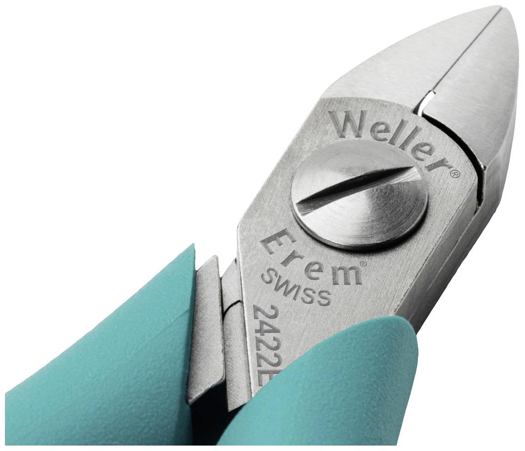 Szczypce z turkusowym uchwytem z napisem 'Weller Erem SWISS 2422'. Odpowiednie do precyzyjnego cięcia drutu lub kabli.
