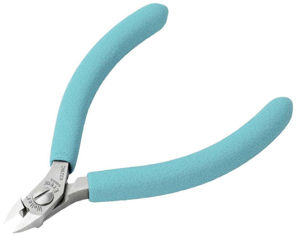 Szczypce z turkusowymi uchwytami i srebrnymi ostrzami, głównie przydatne do precyzyjnych prac rzemieślniczych lub elektrotechnicznych.