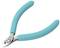 Szczypce z turkusowymi uchwytami i srebrnymi ostrzami, głównie przydatne do precyzyjnych prac rzemieślniczych lub elektrotechnicznych.