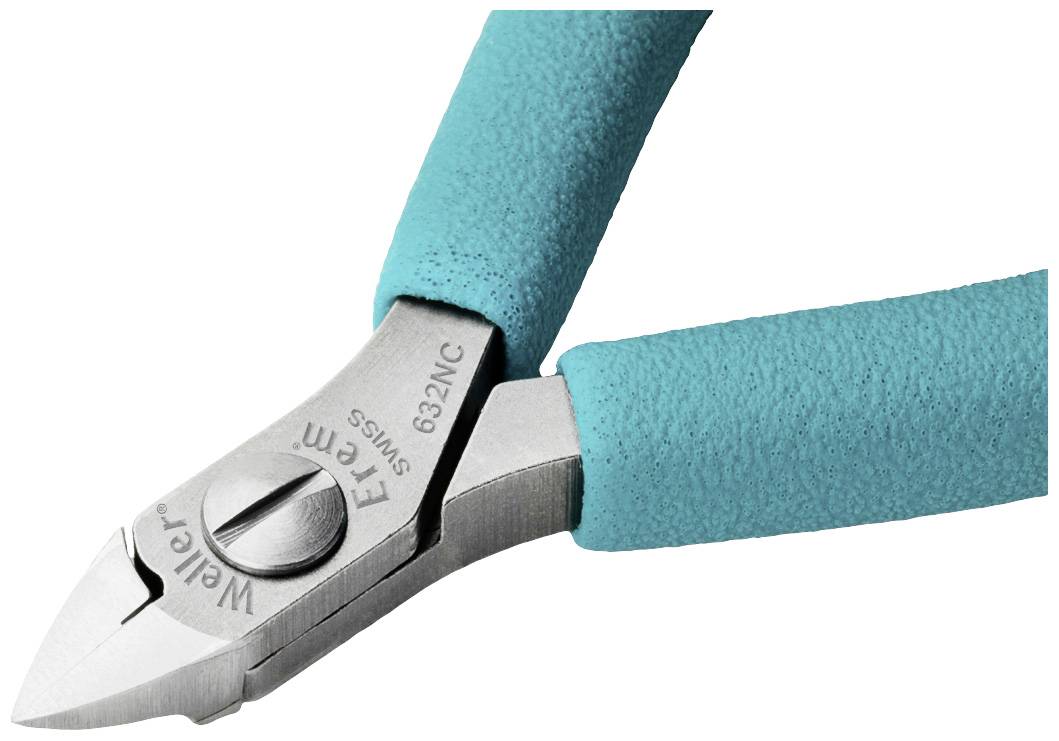 Szczypce z niebieskimi uchwytami i srebrnymi ostrzami. Odpowiednie do precyzyjnego cięcia, na przykład w elektronice lub produkcji biżuterii.
