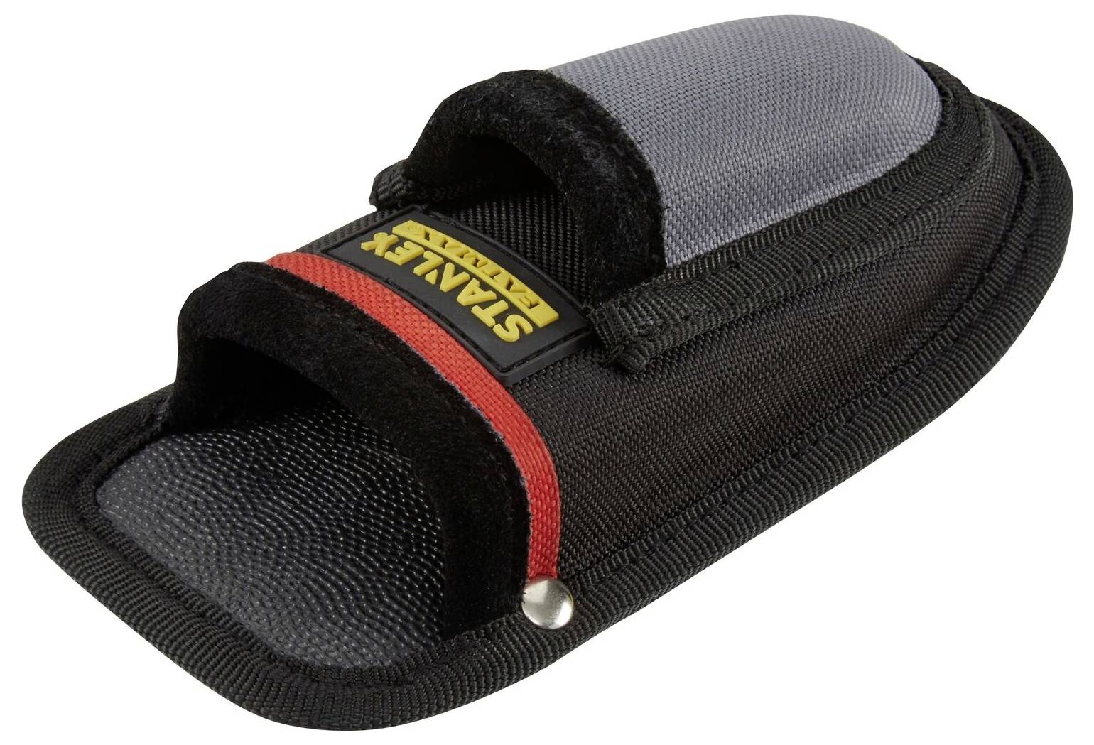 Uchwyt na narzędzia wykonany z czarnego i szarego materiału z czerwoną wstążką i logo 'STANLEY', odpowiedni do zamocowania na pasku.