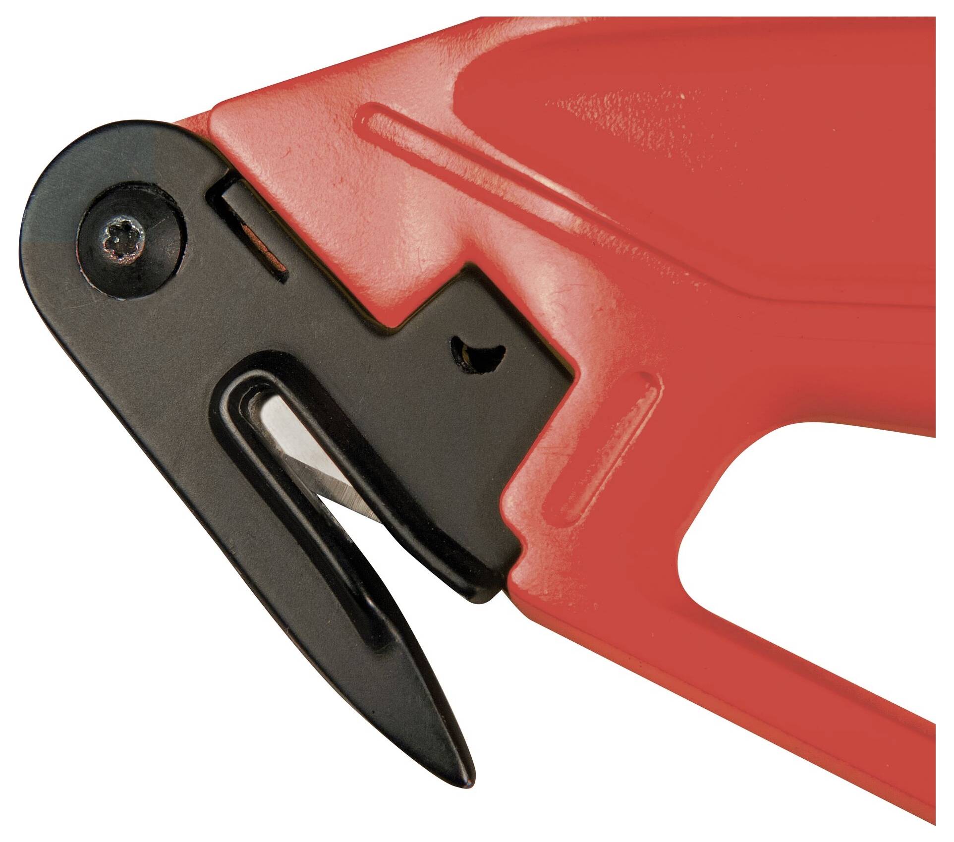 Czerwony nóż bezpieczny z czarnym ostrzem i uchwytem, używany do bezpiecznego otwierania kartonów i opakowań.