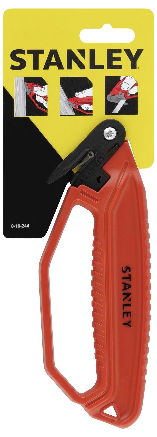 Czerwony nóż bezpieczeństwa marki Stanley, odpowiedni do cięcia opakowań. Na opakowaniu znajdują się trzy ilustracje zastosowań.