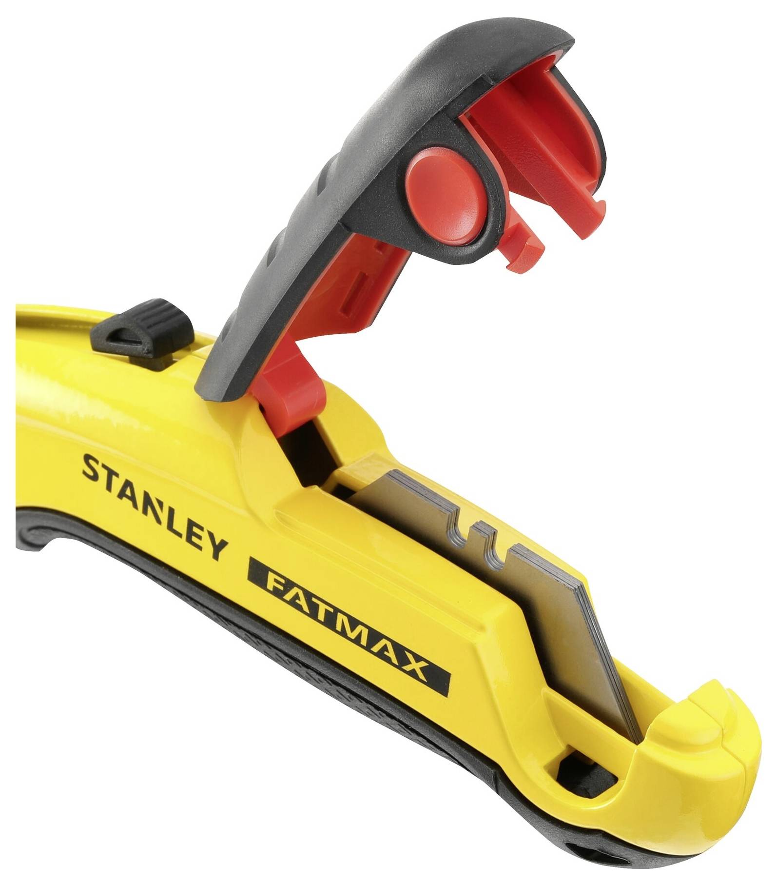 Żółty nóż do dywanów Stanley FatMax z czarną rękojeścią i czerwonym mechanizmem składanym; odsłonięte ostrze widoczne.