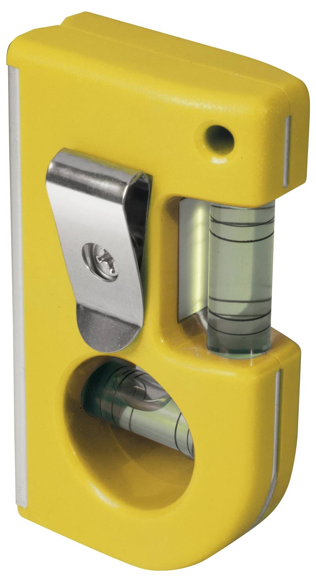 Żółta mini-poziomnica z metalowym zaciskiem i poziomą bańką, używana do wyrównywania powierzchni.