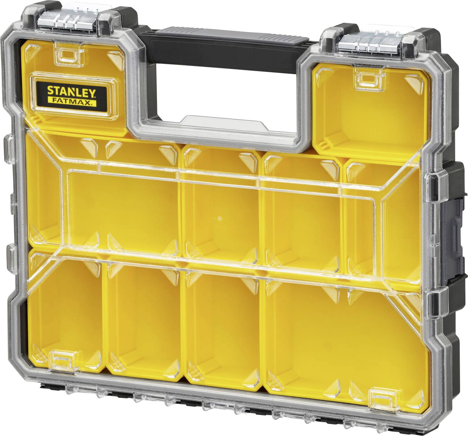 Pusta, żółta skrzynka na narzędzia z wieloma przezroczystymi przegródkami.