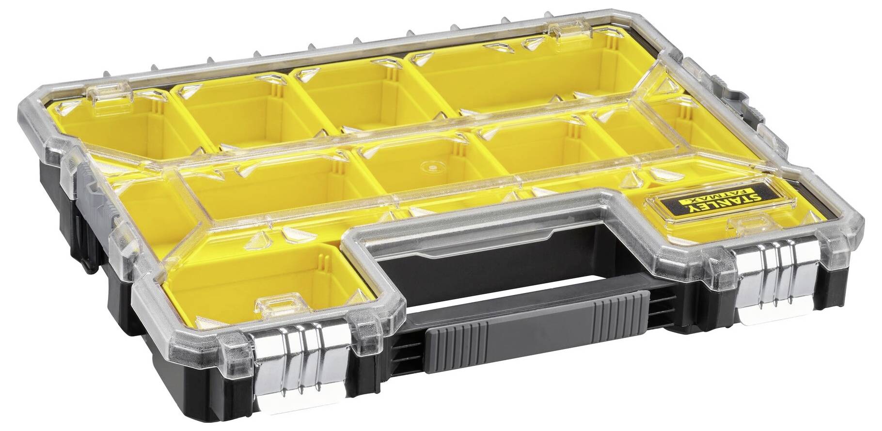 Żółty organizator na narzędzia z przezroczystą pokrywą i wieloma przegródkami do przechowywania mniejszych narzędzi lub części.