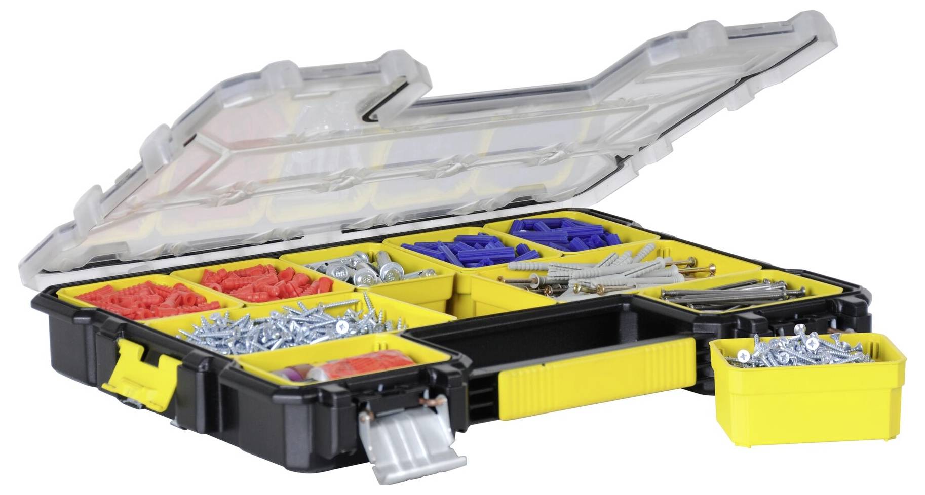 Otwarty kufer narzędziowy z wieloma przegródkami zawierającymi różne śruby i kołki w kolorach czerwonym, żółtym i niebieskim.