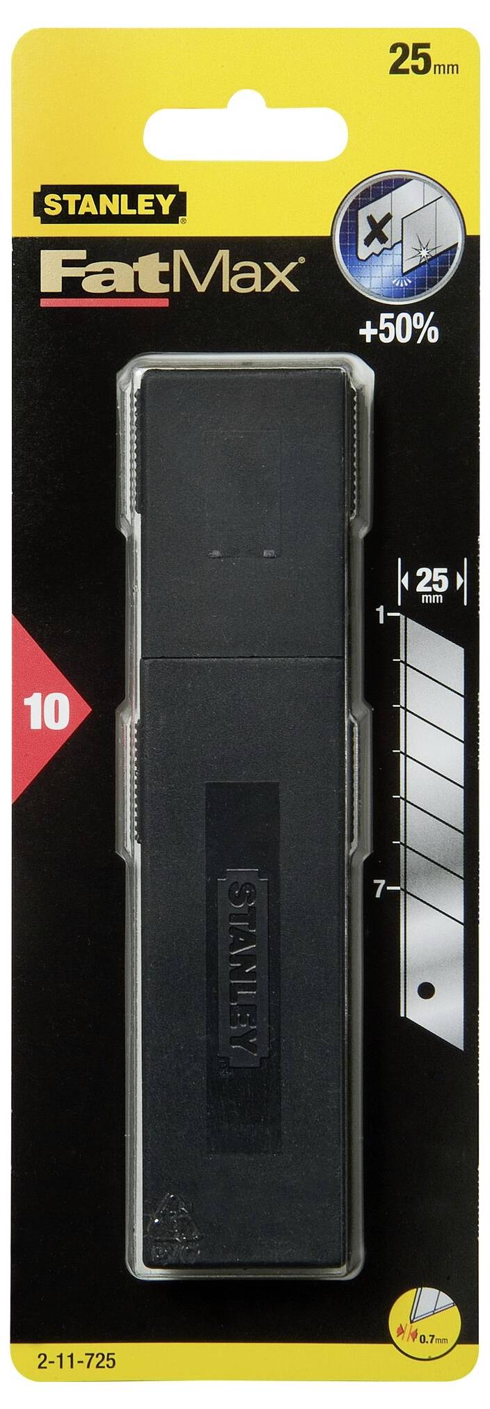 Ostrza wymienne Stanley FatMax, 25 mm, opakowanie 10 szt., do precyzyjnego cięcia, o 50% dłuższa trwałość, z grafiką ostrza pod kątem.