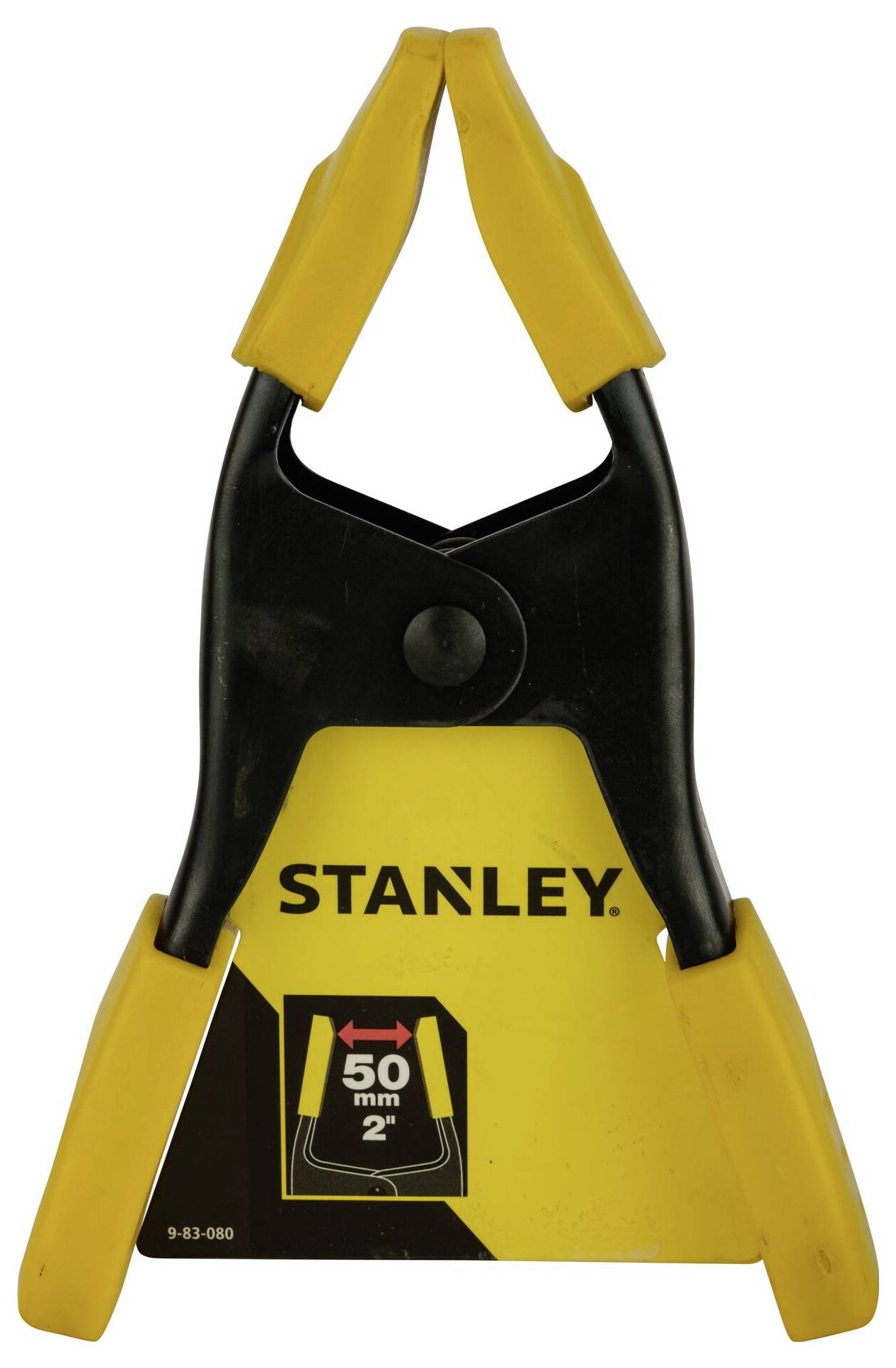 Żółty zacisk sprężynowy marki Stanley z czarną rękojeścią, rozmiar 50 mm (2 cale).