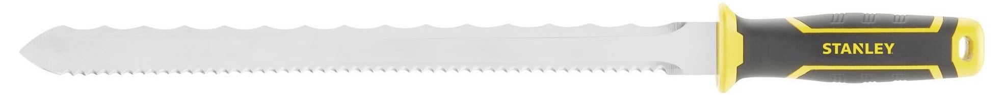 Piła ręczna z czarnym uchwytem i żółtymi elementami, odpowiednia do grubych cięć w materiałach budowlanych.