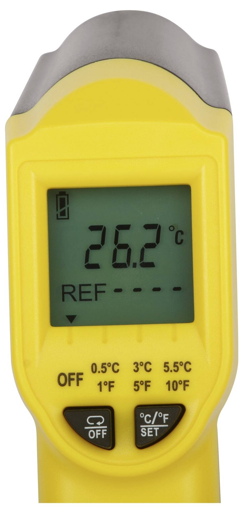 Żółty termometr na podczerwień wyświetla pomiar temperatury 26,2 °C. Na ekranie widoczne są opcje ustawień temperatury oraz stan baterii.