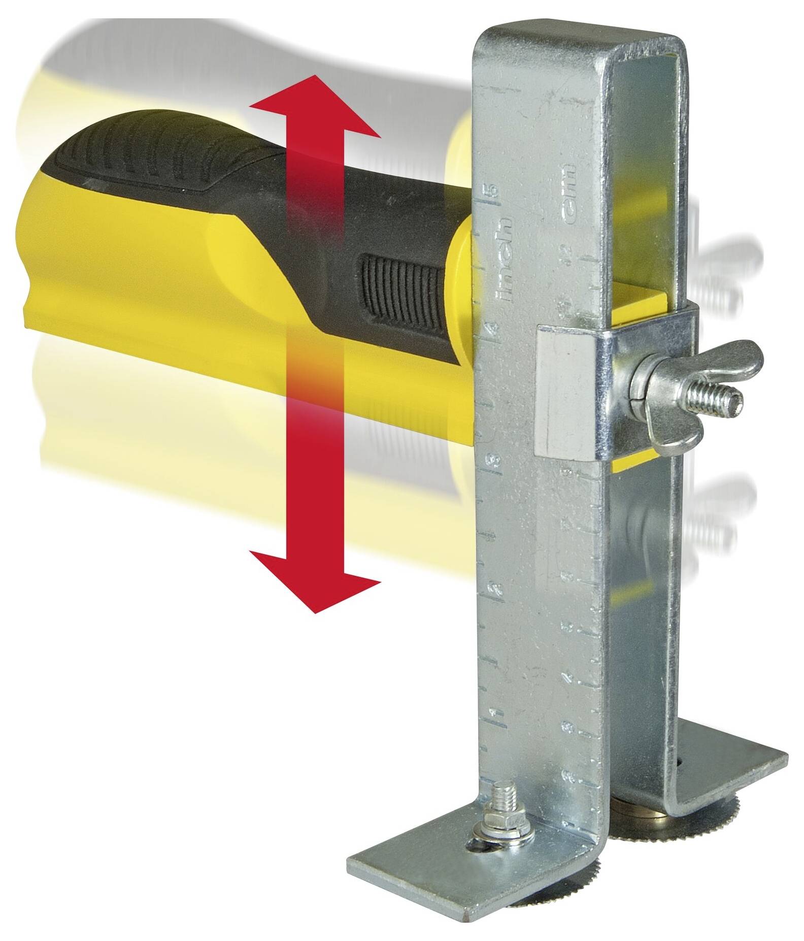 Żółta rękojeść narzędzia z czerwono oznaczoną regulacją wysokości, zamocowana na pionowej metalowej komponencie z mechanizmem śrubowym.