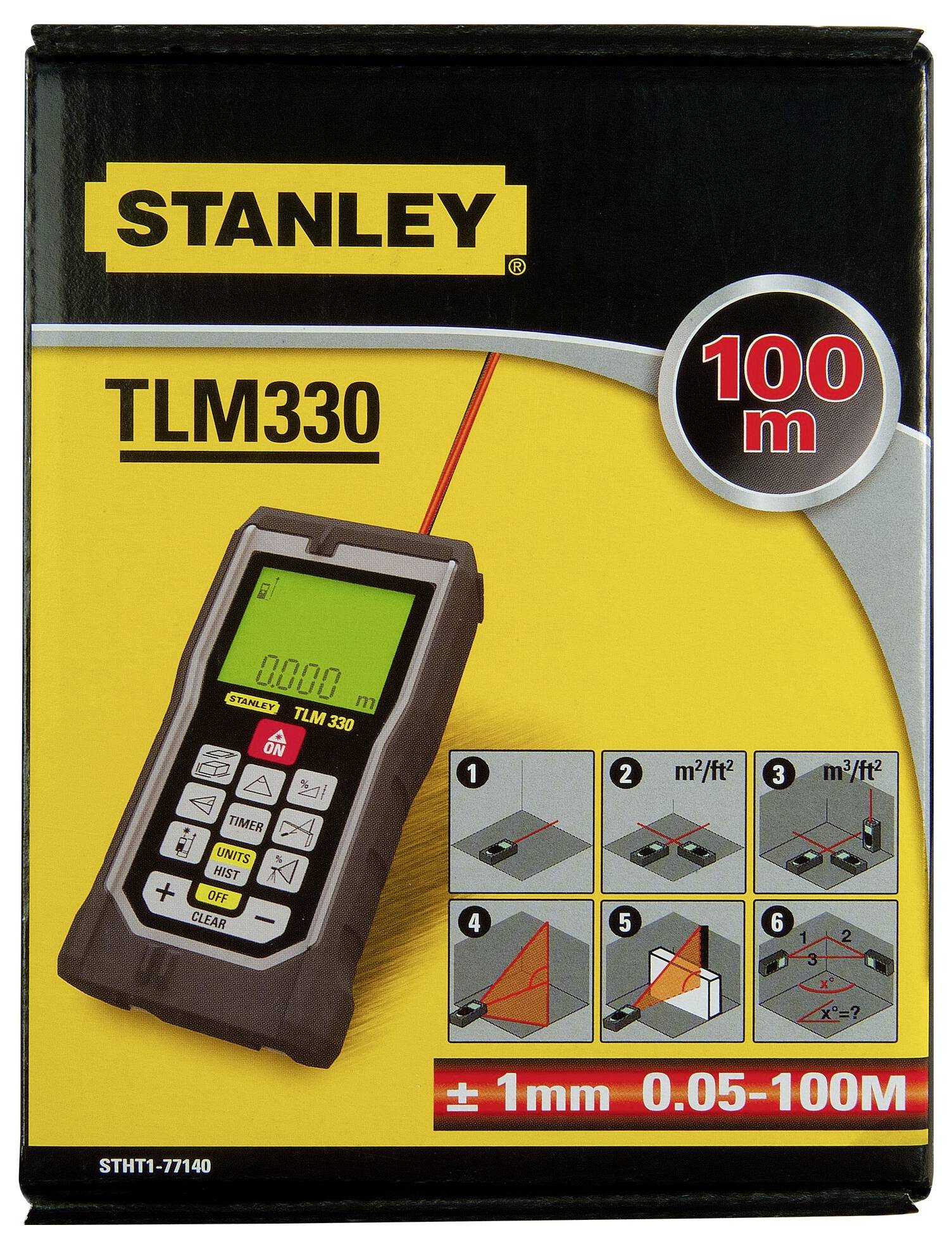 Miernik laserowy Stanley TLM330 na opakowaniu. Pokazuje przyciski, wyświetlacz, zakres pomiarowy 0,05-100 m oraz dokładność ±1 mm.