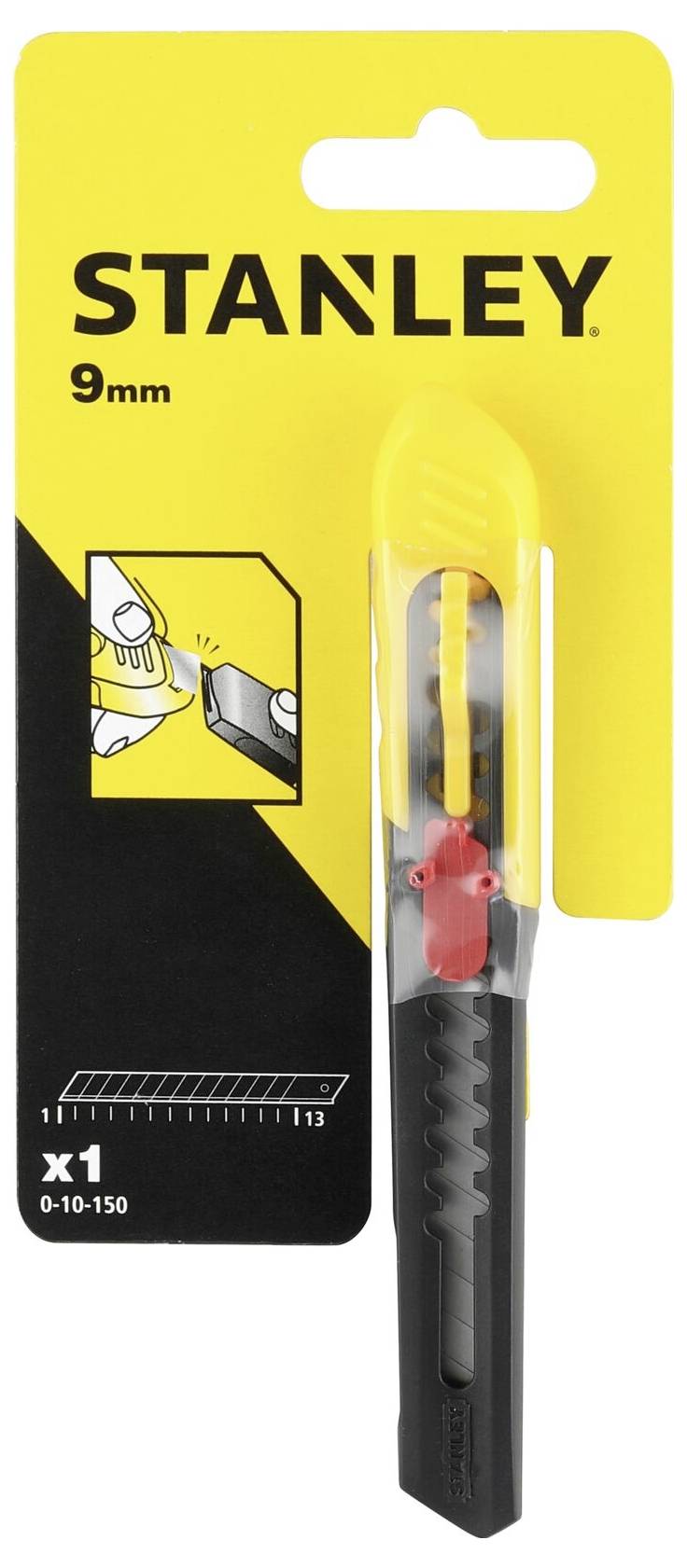 Żółty nóż składany Stanley z ostrzem 9 mm w opakowaniu. Diagram przedstawia instrukcję wymiany ostrza.