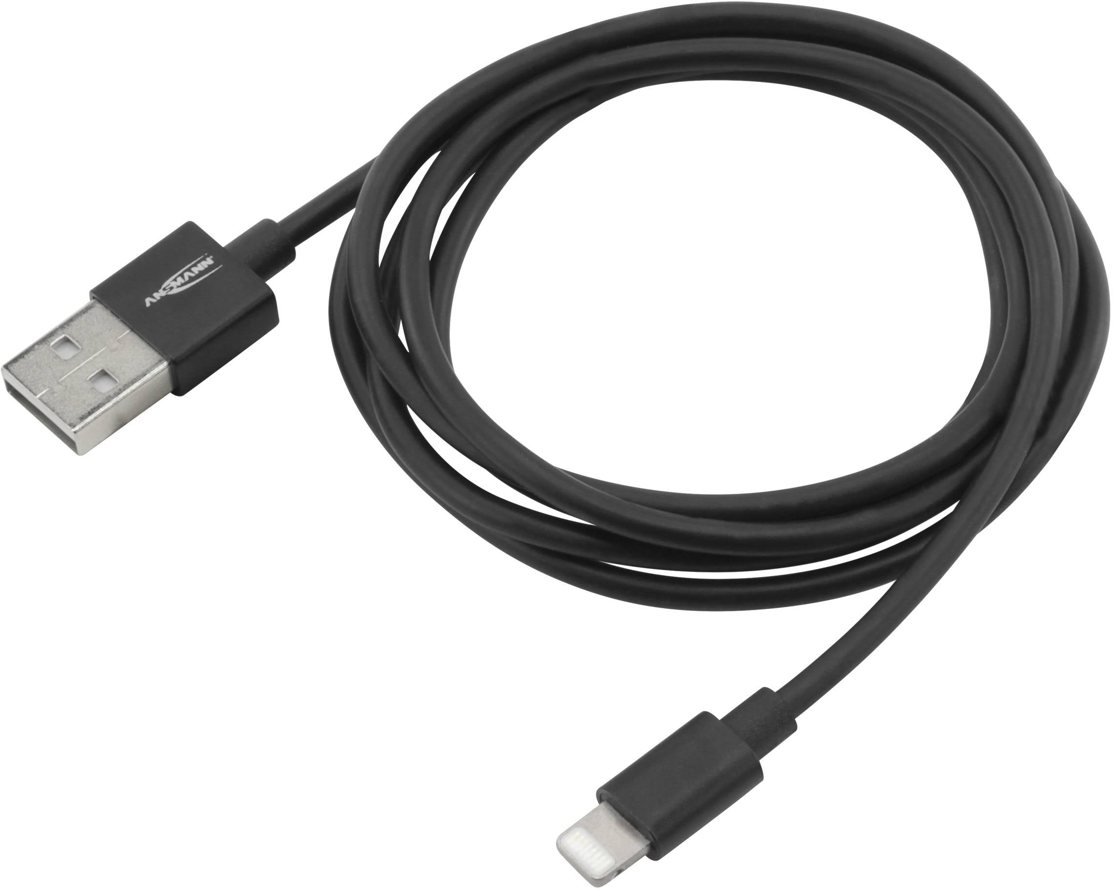 Czarny kabel USB do ładowania z standardowym wtykiem USB po jednej stronie i wtykiem Lightning po drugiej stronie.