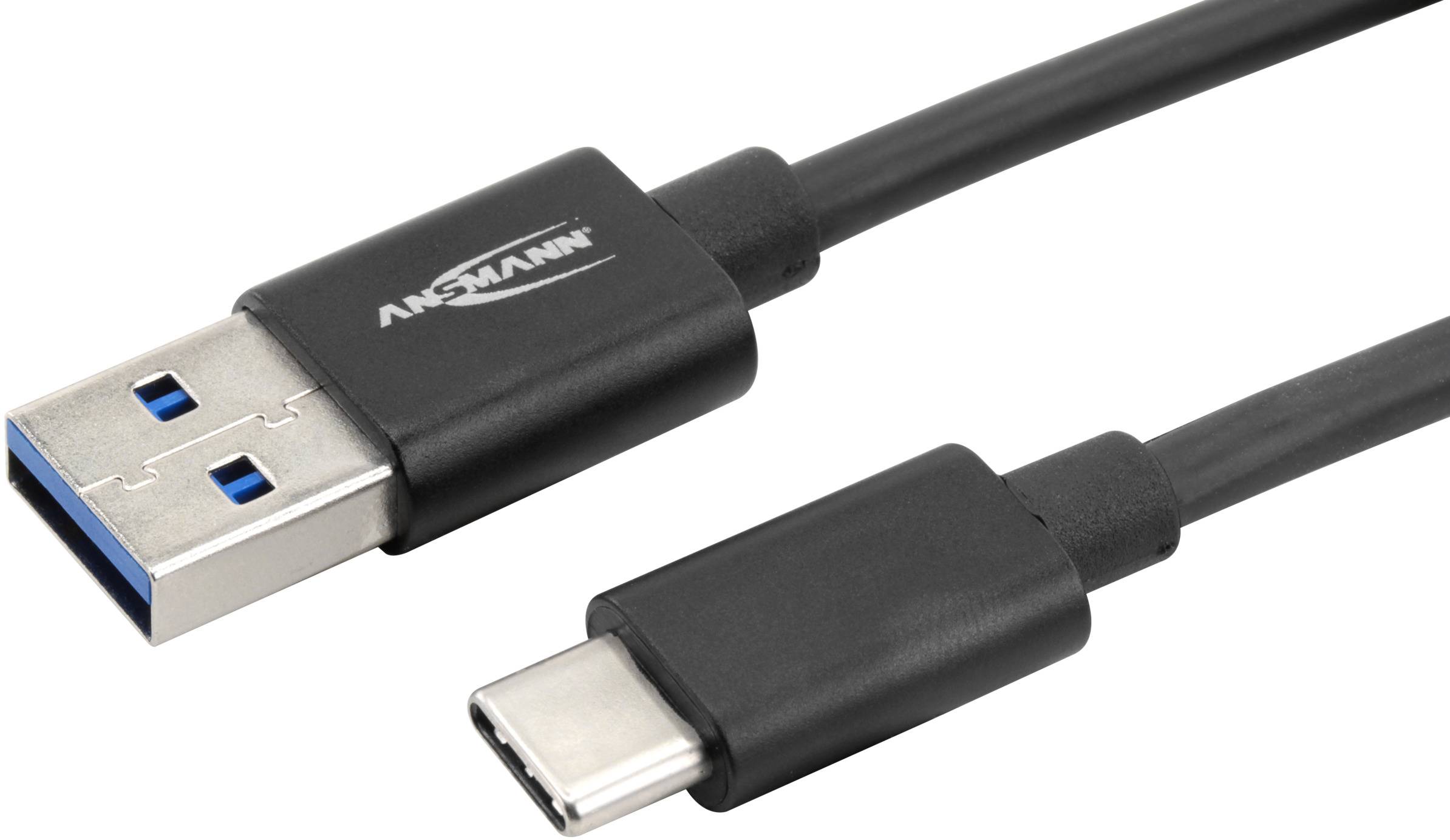 Kabel USB z wtyczką USB-A po lewej stronie i wtyczką USB-C po prawej stronie, czarny kabel.