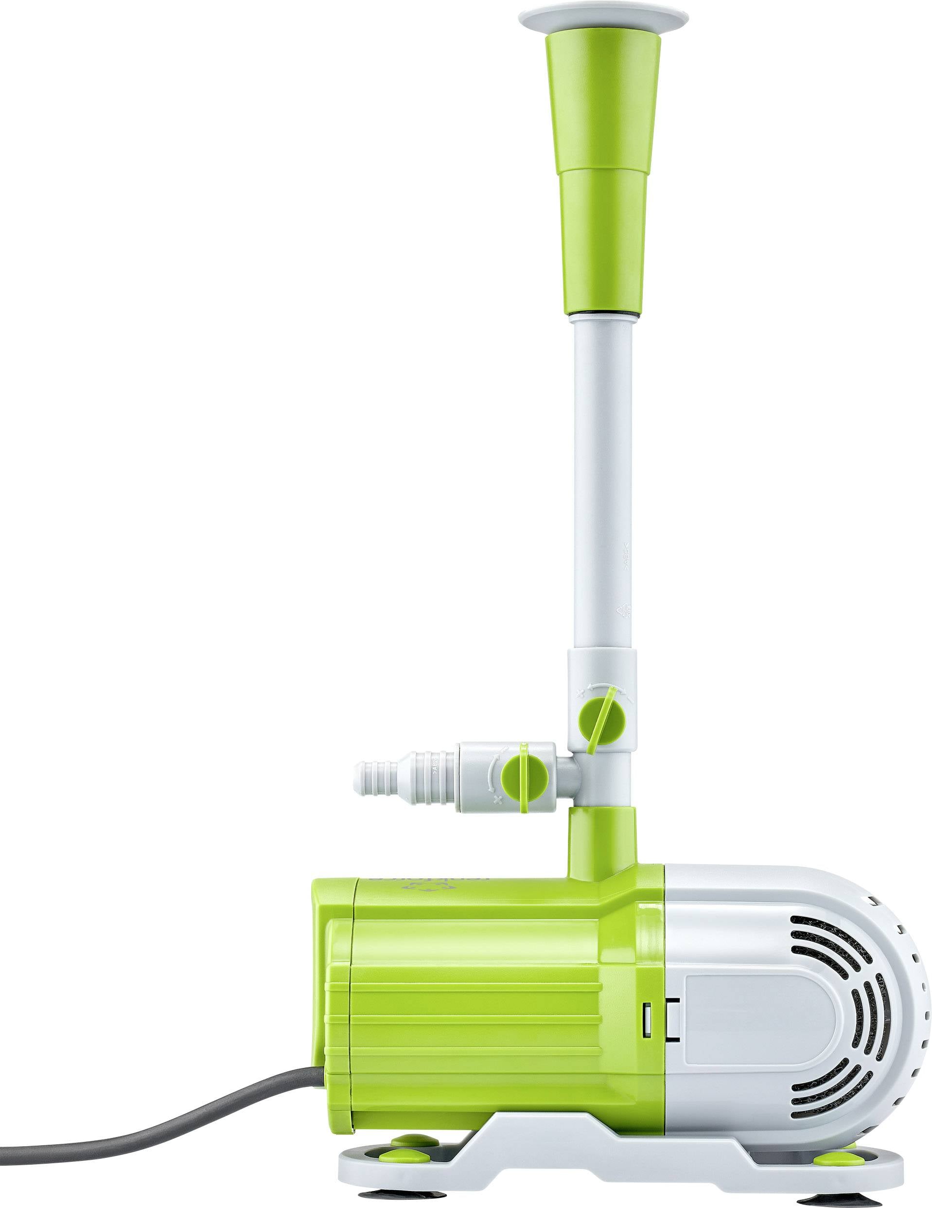 Zielona i biała pompa wodna z długim wylewem i przewodem. Odpowiednia do akwariów lub małych fontann.