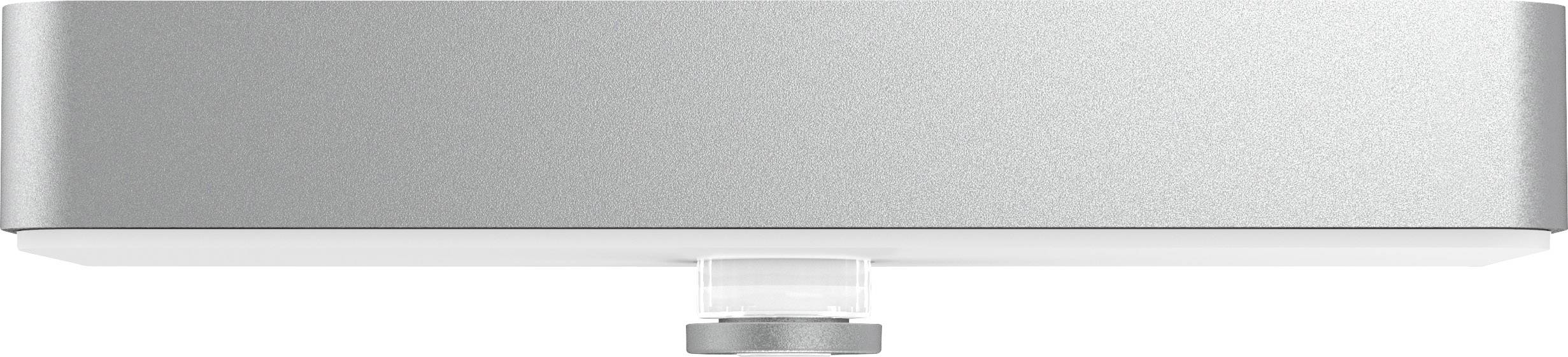 Srebrne, prostokątne urządzenie techniczne widziane z boku, z okrągłym mocowaniem od spodu.