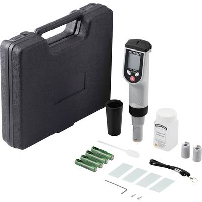 Cyfrowy zestaw do pomiaru pH, zawierający miernik, walizkę, baterie, proszek elektolityczny, roztwory kalibracyjne, pipetę, klucz i instrukcje.