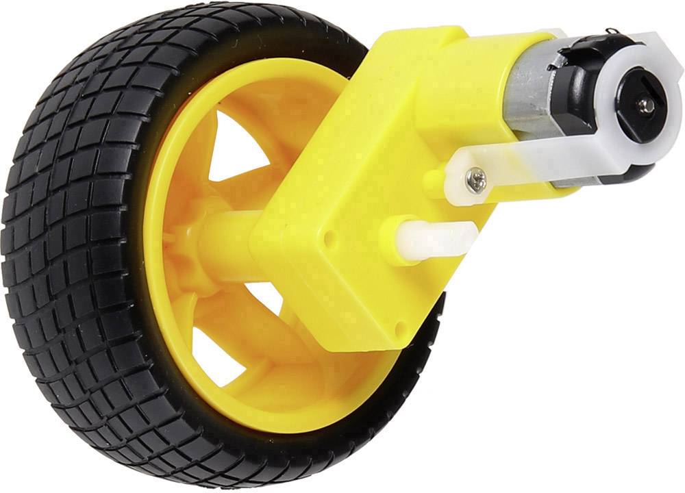 Żółte koło z tworzywa sztucznego z czarnym bieżnikiem, połączone z małym silnikiem elektrycznym. Odpowiednie do projektów robotycznych lub majsterkowania.