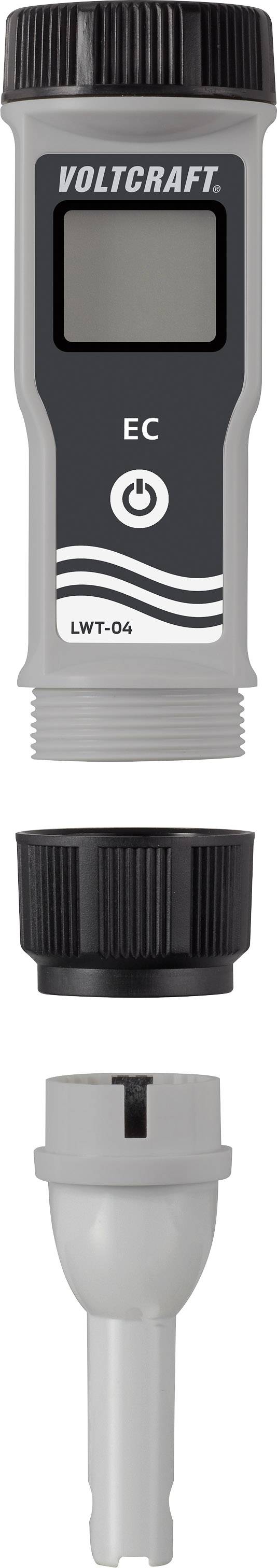 Tester jakości wody do pomiaru przewodnictwa, model 'VOLTCRAFT LWT-04', z wyświetlaczem cyfrowym i odłączaną sondą.