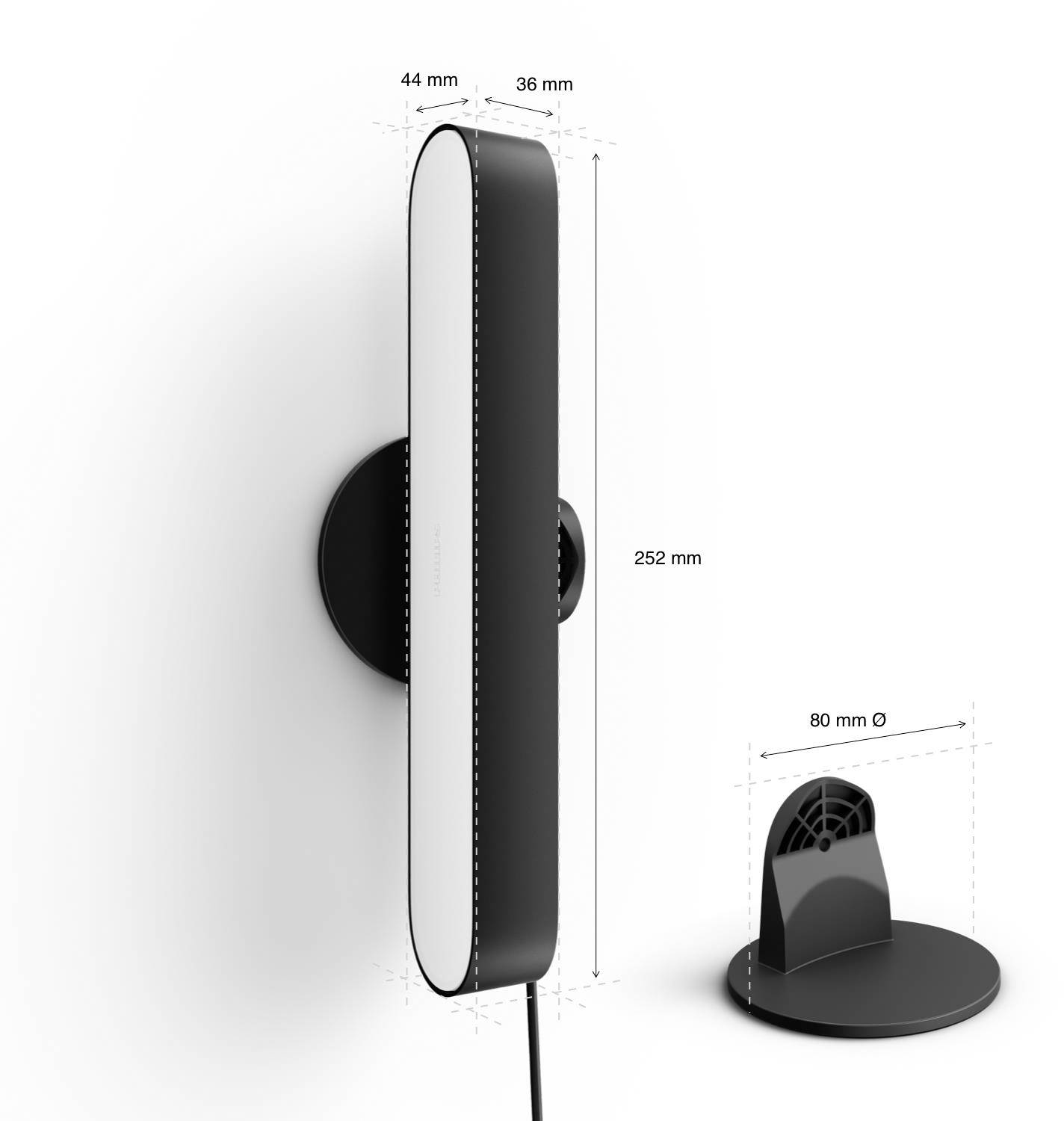 Widok z boku czarnej, pionowej lampy LED z wymiarami: wysokość 252 mm, szerokość 44 mm, głębokość 36 mm. Okrągły moduł bazowy o średnicy 80 mm.