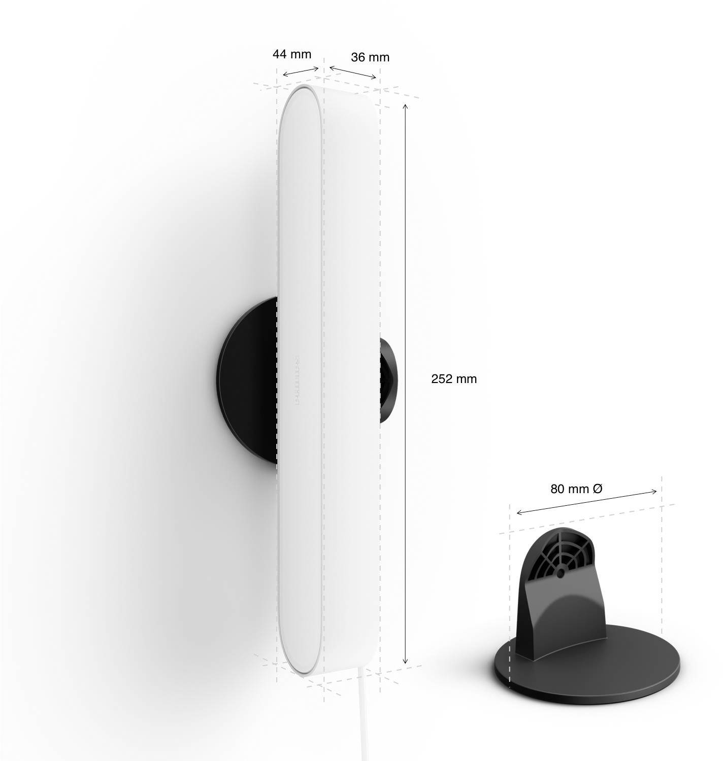 'Oczyszczacz powietrza z widokiem z boku: wysokość 252 mm, szerokość 44 mm, głębokość 36 mm; średnica podstawy 80 mm. Smukła, nowoczesna konstrukcja.'