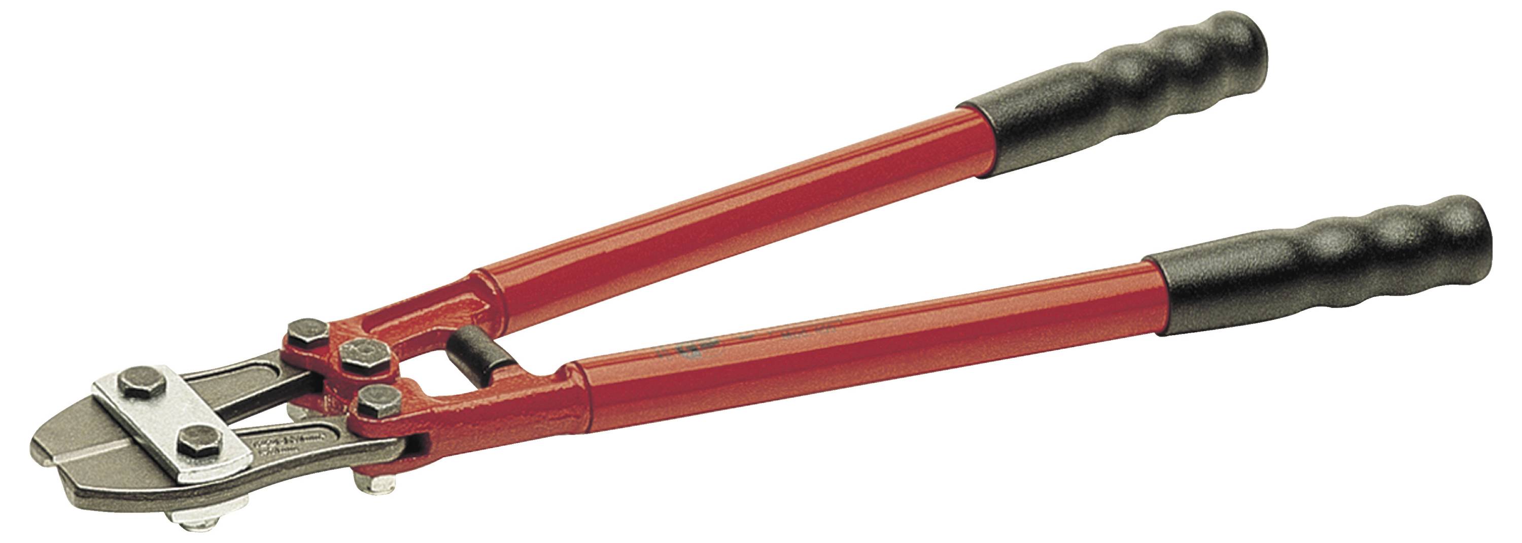 Czerwono-czarne obcinacze (nożyce) do cięcia z gumowymi uchwytami, używane do przecinania łańcuchów, kłódek i siatek ogrodzeniowych.