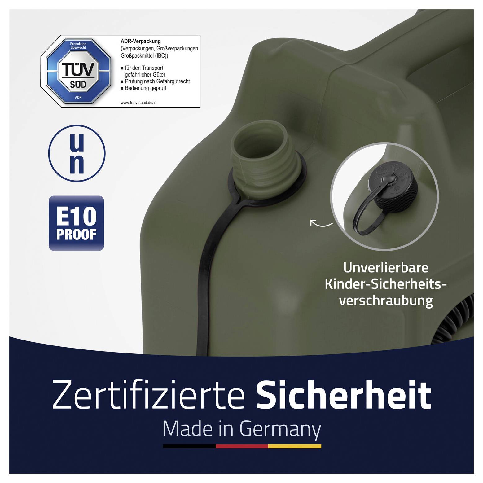 Szara ilustracja kanistry na benzynę z napisem "Zertifizierte Sicherheit Made in Germany", pieczęcią TÜV, odpornym na E10 i zabezpieczeniem przed dostępem dzieci.