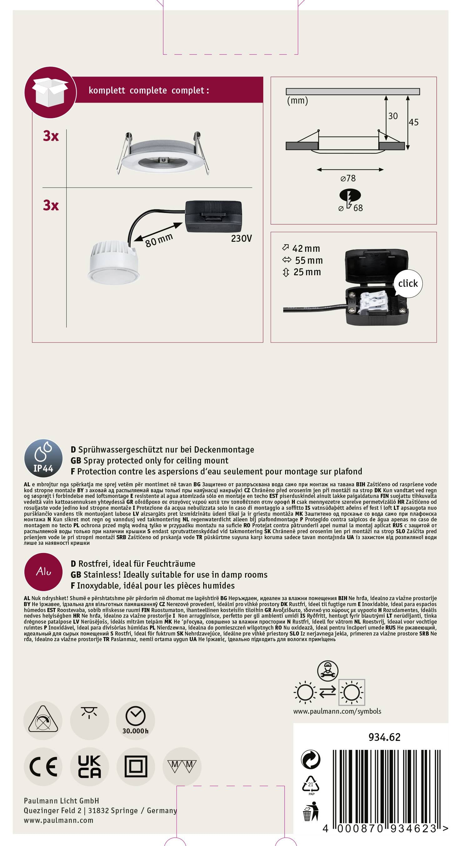 Opakowanie zestawu lamp sufitowych, zawiera 3 reflektory LED, złączki i szczegóły montażowe. Odpowiednie do pomieszczeń wilgotnych, certyfikat IP44.