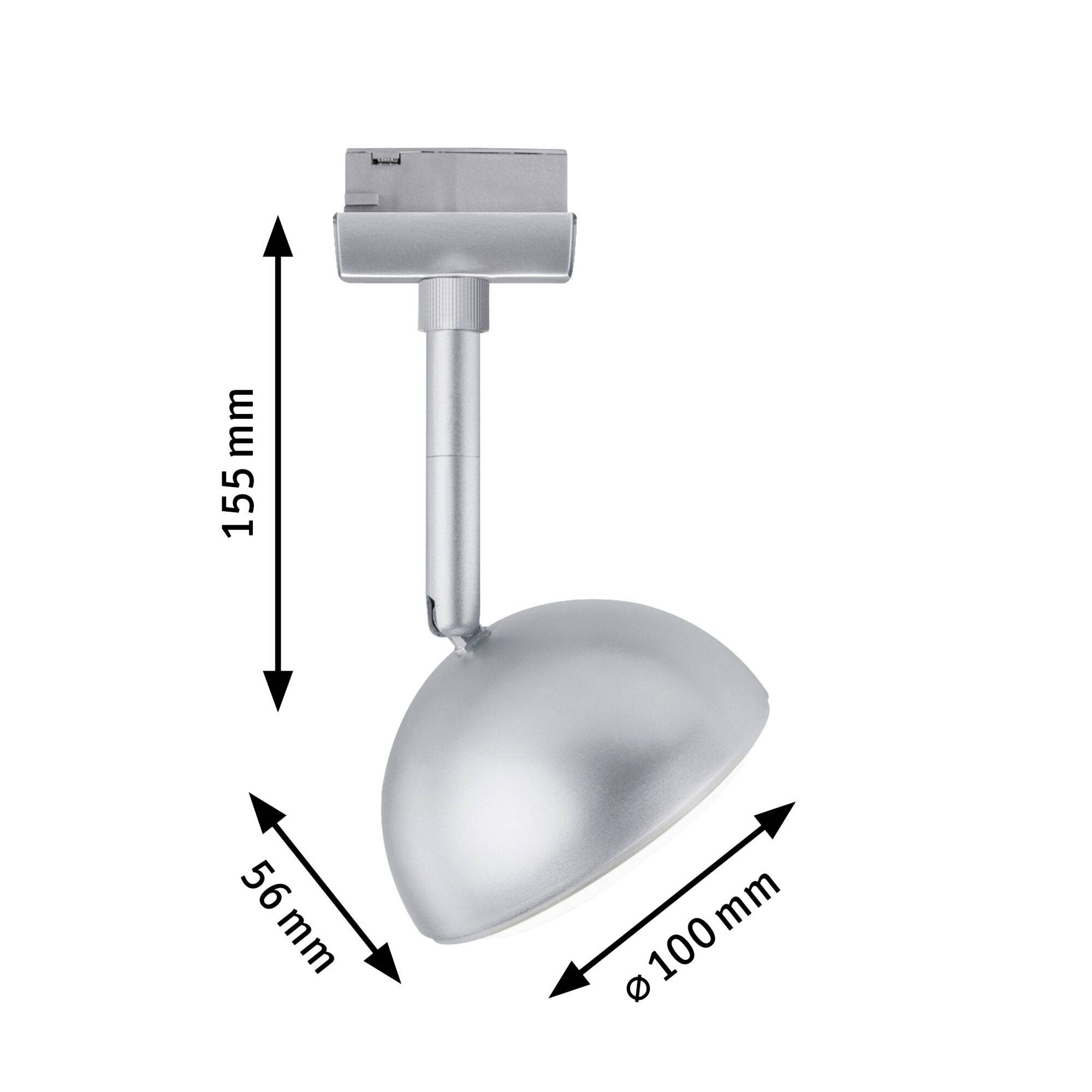 Srebrna lampa sufitowa o wymiarach: wysokość 155 mm, szerokość 56 mm i średnica 100 mm.