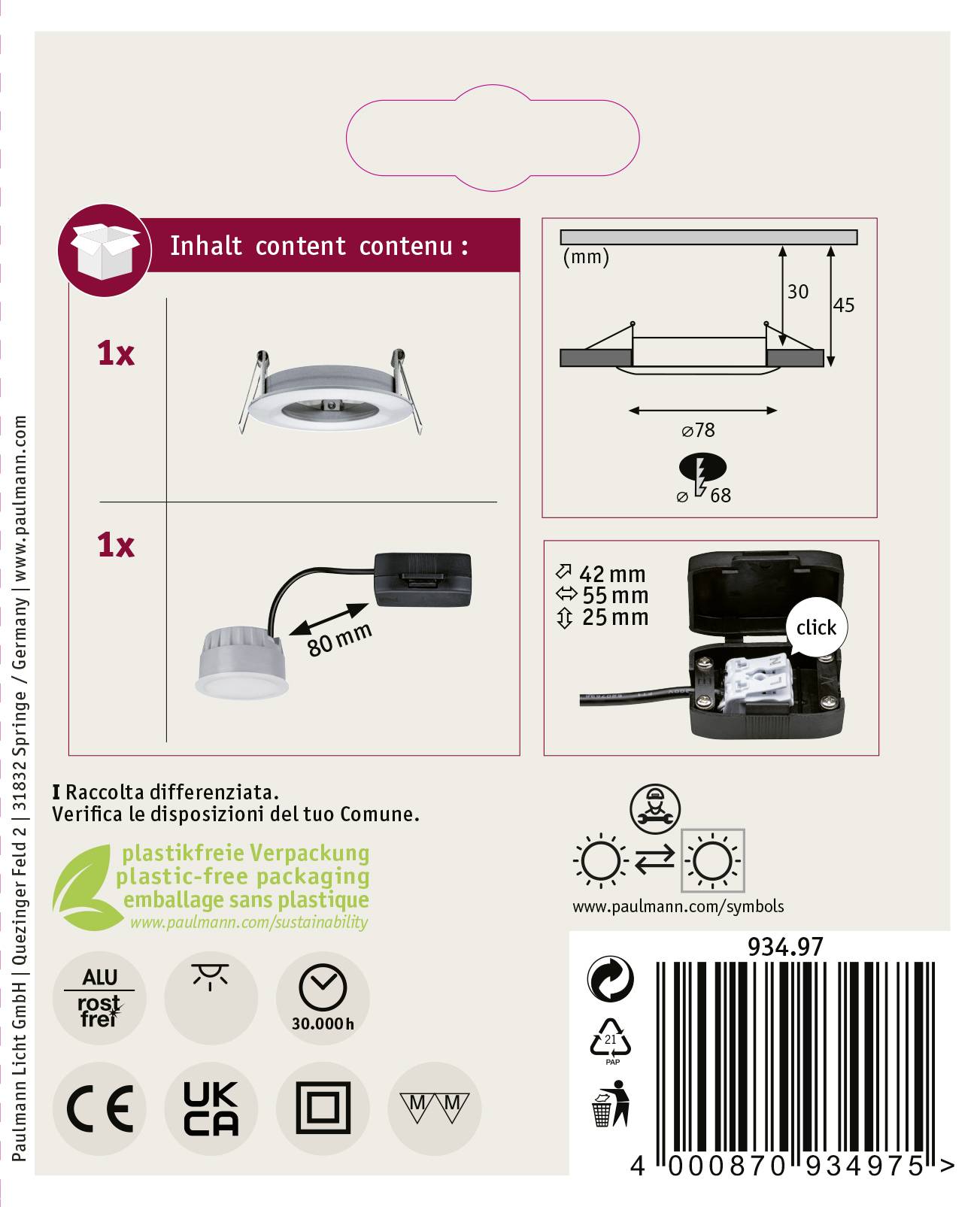 Oprawa wpuszczana LED z 3 kolorami światła, Ø 80mm, lampa sufitowa, IP44, 10W, 32500 godz.