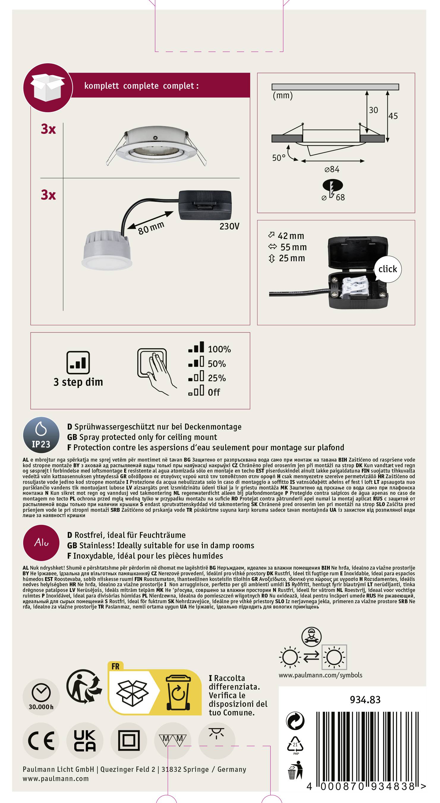 Etykieta opakowania z prezentacją produktu. Przedstawia zestaw oświetlenia sufitowego z instrukcją montażu oraz szczegółami technicznymi, takimi jak wymiary i podłączenie elektryczne. Zawiera symbole dotyczące instalacji i norm bezpieczeństwa.