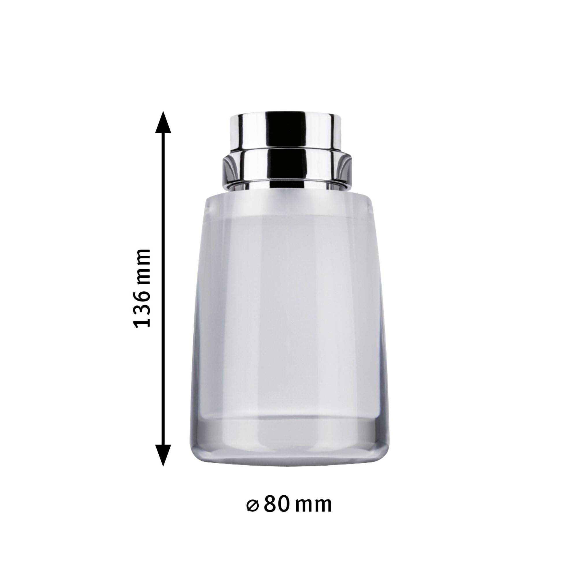 'Owalna butelka z srebrną pokrywką, wysoka na 136 mm, średnica 80 mm. Wymiary przedstawione są na ilustracji w postaci strzałek.'
