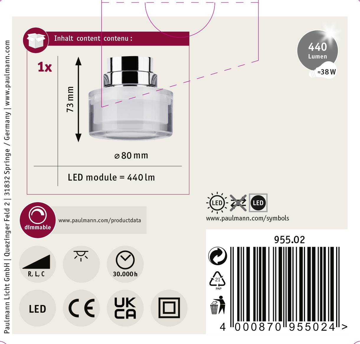 Moduł LED 'Paulmann Leuchten', 440 lumenów, średnica 80 mm, wysokość 73 mm. Ściemnialny. Z oznaczeniami CE i UKCA. Kod kreskowy: 4000870955024.