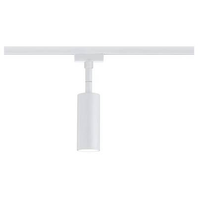 Pojedyncza, cylindryczna lampa sufitowa w kolorze białym, zamontowana na szynie; o nowoczesnym i minimalistycznym designie.