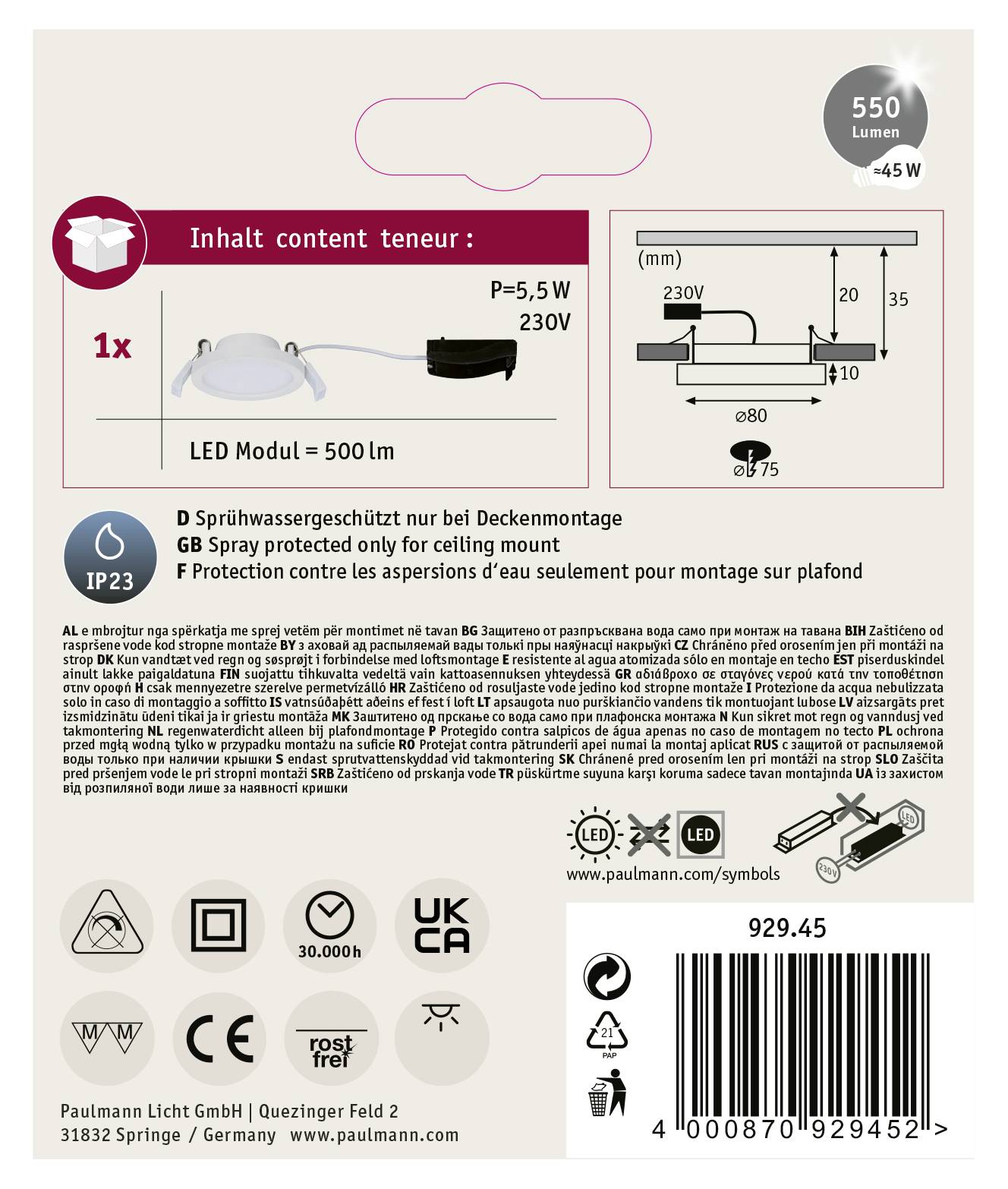 Moduł LED 'Paulmann', 550 lumenów, 5,5W, IP23, przeznaczony wyłącznie do montażu sufitowego, kod EAN 4000870929452.