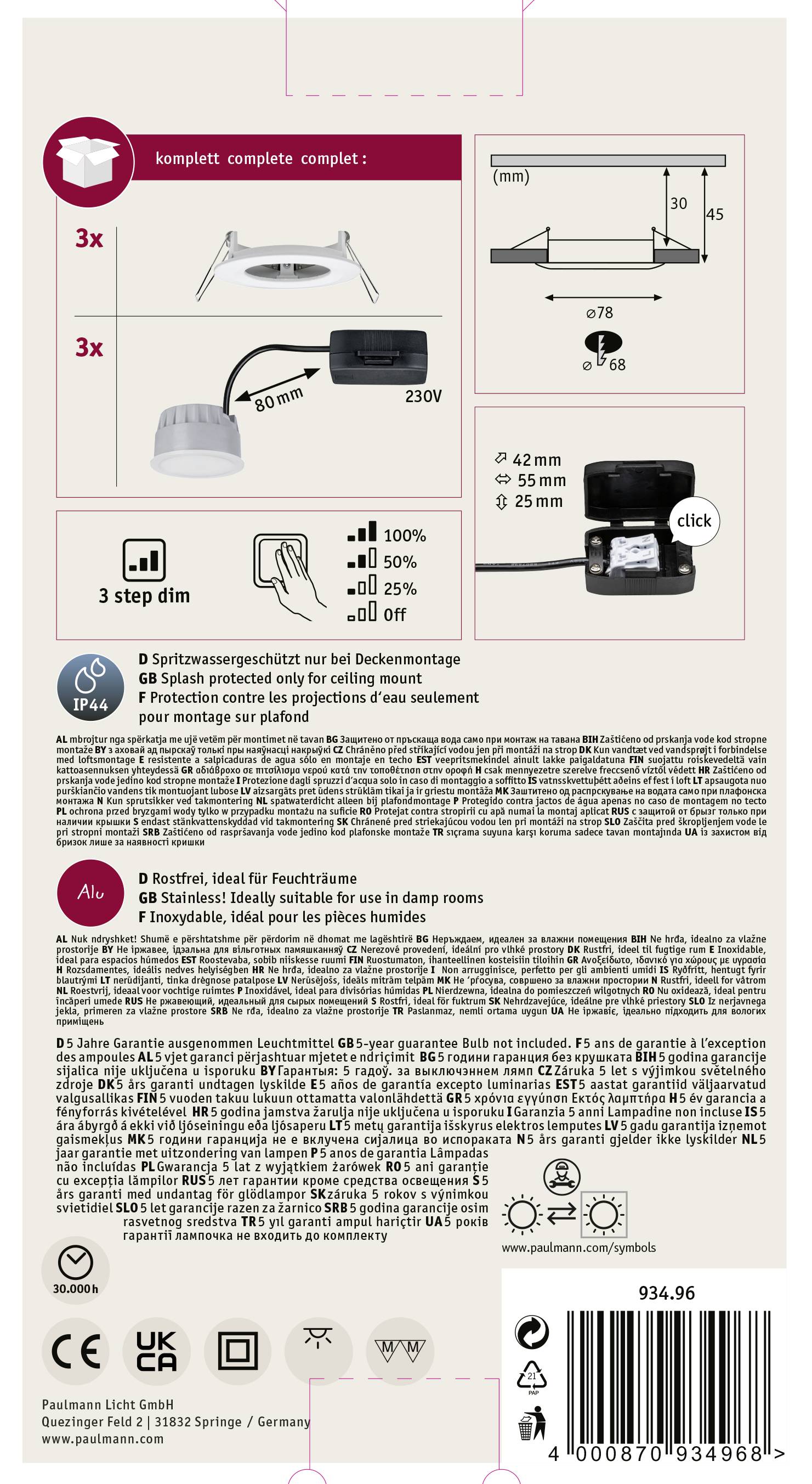 Tył opakowania lampy LED: Zawiera instrukcję montażu, wymiary, napięcie (230V), możliwość przyciemniania w 3 stopniach, stopień ochrony IP44. Tabele i symbole obrazują zastosowania i specyfikacje.