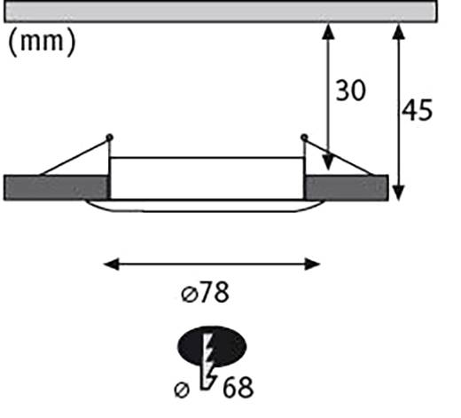 Diagram przedstawiający wymiary oprawy wpuszczanej: wysokość całkowita 30 mm, głębokość montażu 45 mm, średnica 78 mm, średnica otworu montażowego 68 mm.