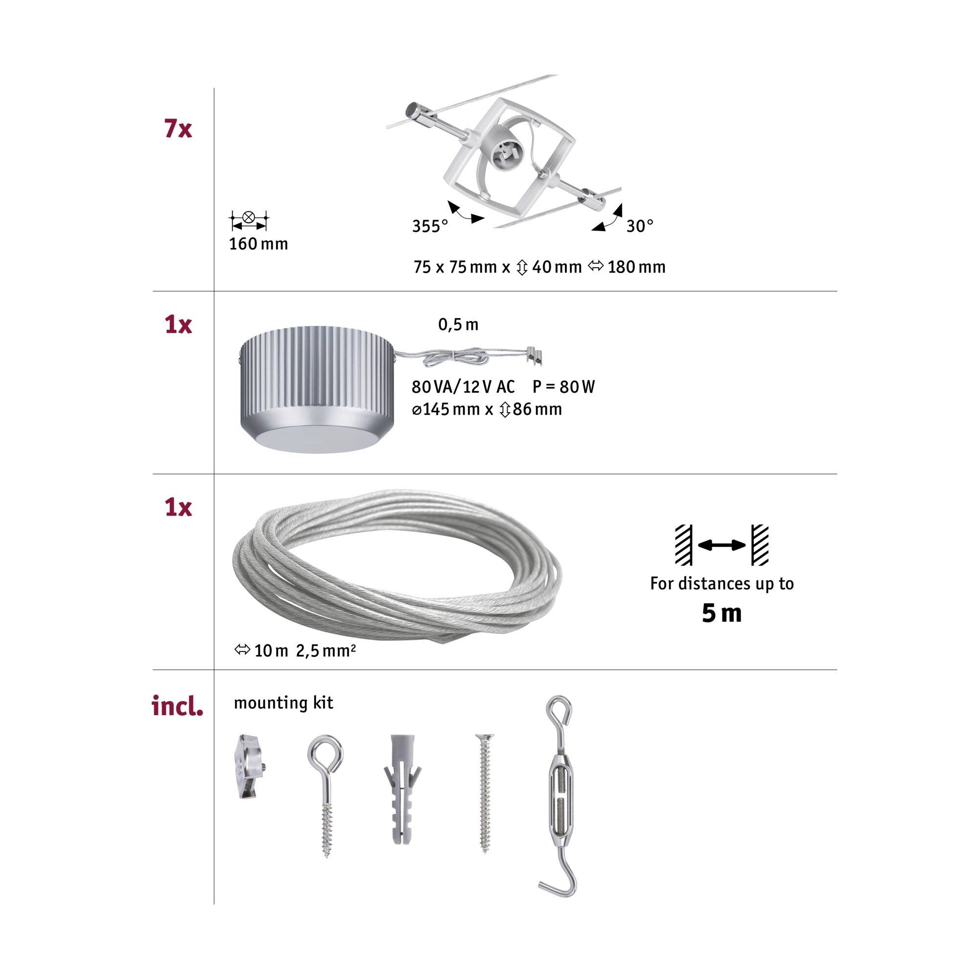 Zestaw zawiera 7 lamp sufitowych, 1 transformator, 1 kabel 10m pozwalający na odległość do 5m, komplet montażowy. Lampy są obrotowe, podane są wymiary.