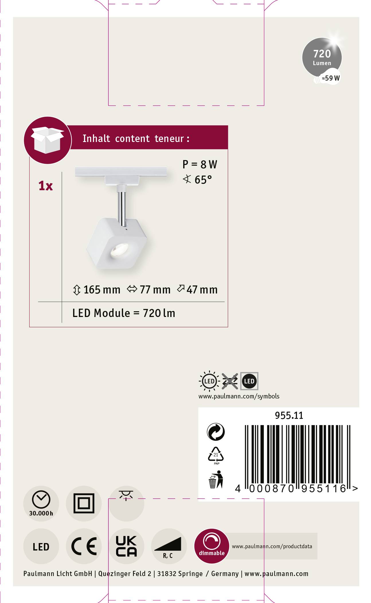 Lampa sufitowa Paulmann, 720 lumenów, 8W, 165x77x47 mm. Moduł LED 720 lm. Zawiera symbole bezpieczeństwa energetycznego i produktowego.