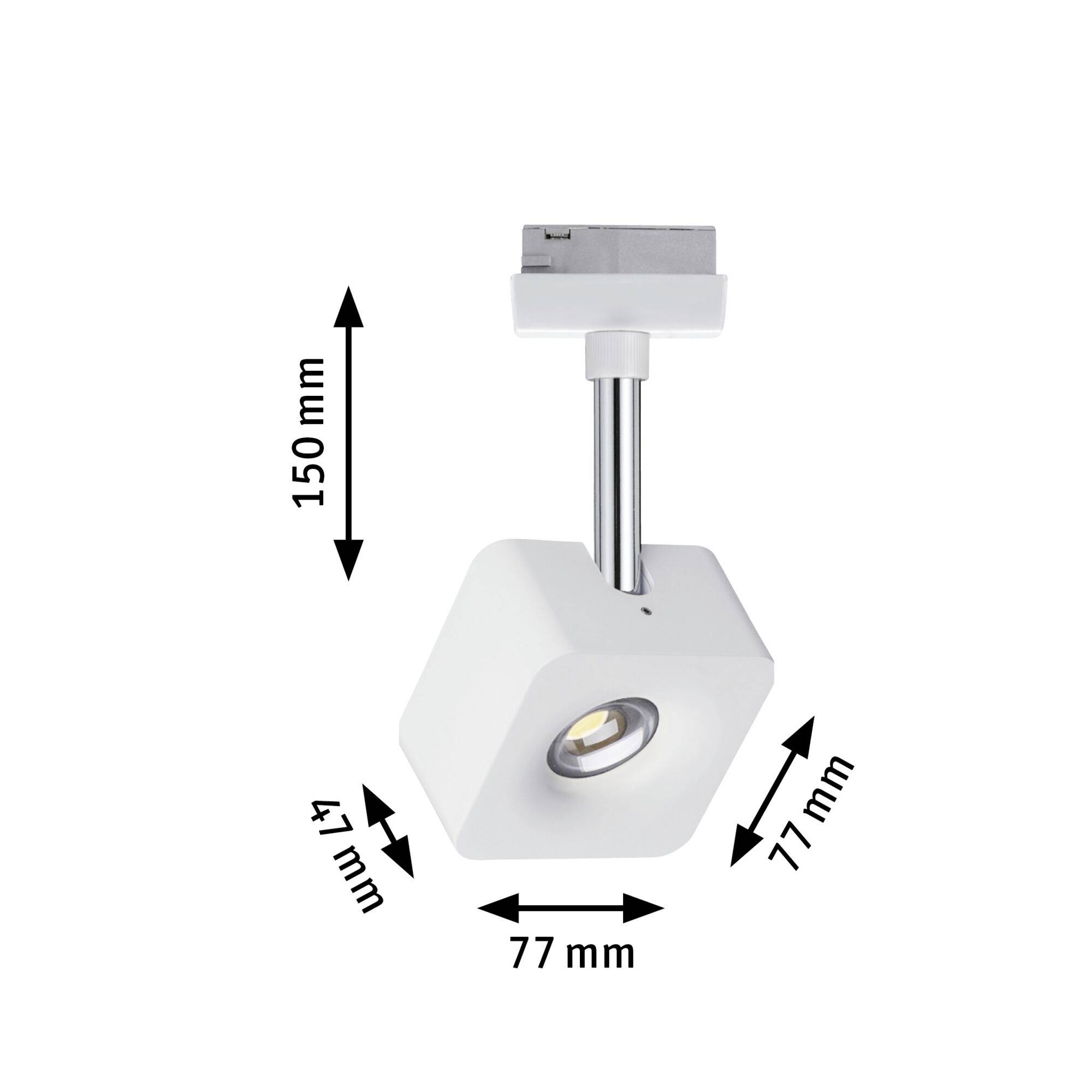 Biała lampa sufitowa LED ze obrotowym reflektorem, wysokość 150 mm, szerokość 77 mm, głębokość 41 mm.