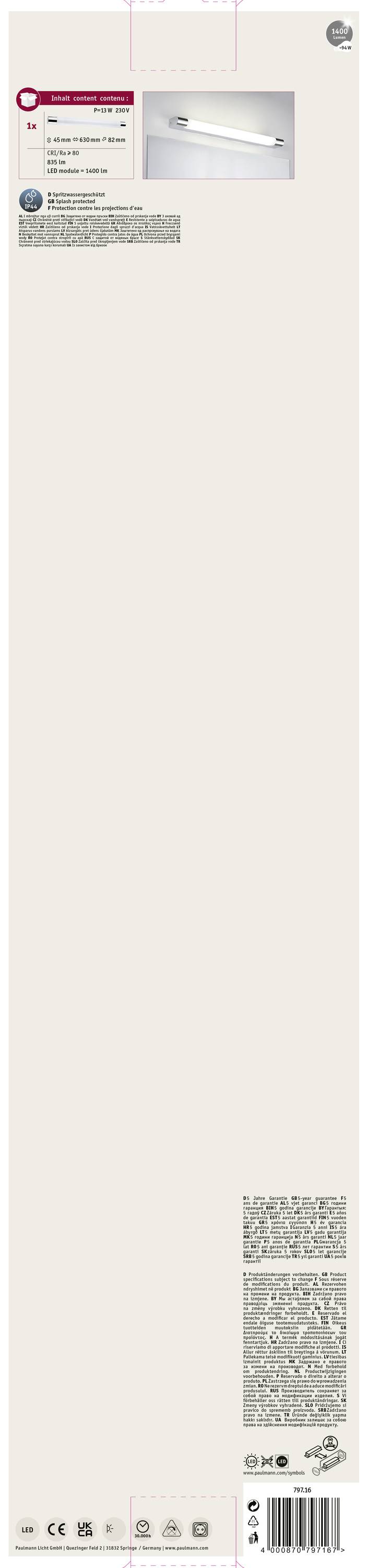 Kinkiet zewnętrzny LED Seiprod 14W z następującymi cechami produktu: klasa energetyczna, wodoodporność, wymiary oraz strumień świetlny. Zdjęcie lampy w prawym górnym rogu.