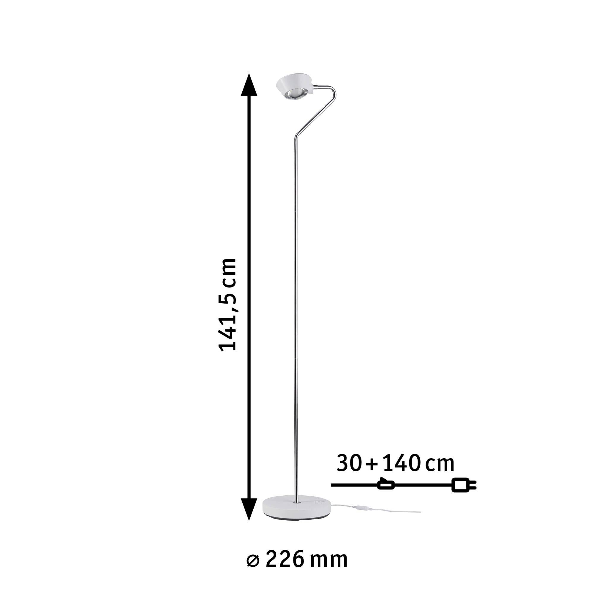 Lampa stojąca o wysokości 141,5 cm, średnicy podstawy 226 mm. Przewód o długości 30 + 140 cm. Nowoczesna, prosta konstrukcja metalowa.